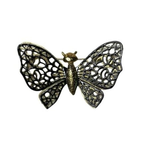 Jewelry - Vintage Butterfly Brooch Pin Filigree Gold Tone Metal 2 X 1.5”